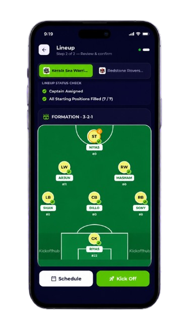 KickOffHub welcome and live match app screen